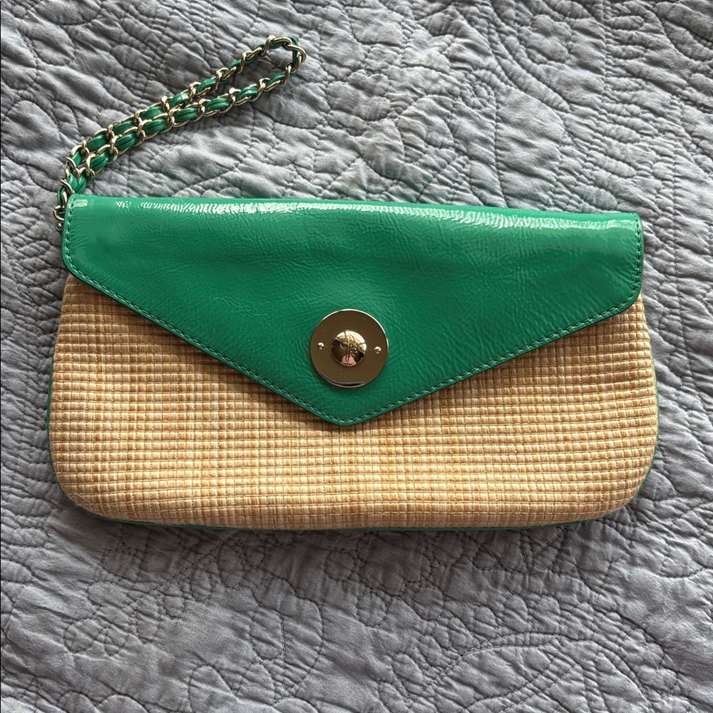 Cole Haan Brielle Jitney Straw Kelly Green Patent Leather Wristlet Clutch NWOT